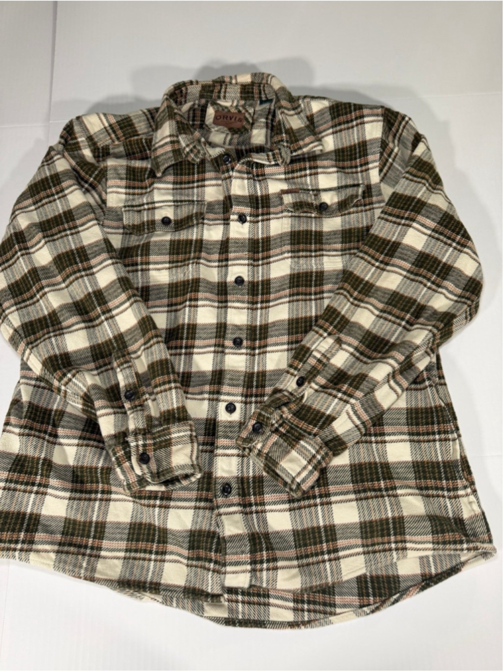 Orvis green and brown plaid heavy flannel button-down shacket men’s sz XL